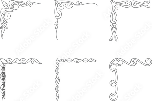 Decorative vector corner border set with antique flourish elements and botanical swirls for sophisticated certificate frames and luxury graphic templates.