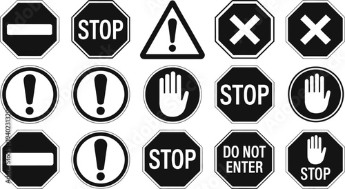 Vector set of black and white stop signs and prohibition icons featuring hand gestures warning symbols no entry and alert