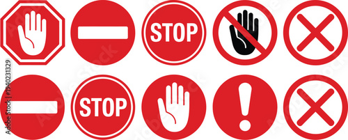 Vector set of red stop signs and prohibition icons featuring hand gestures warning symbols no entry marks and alert signals