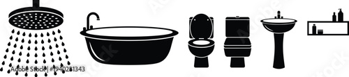 Bathroom fixtures icons set, shower bathtub toilet and sink silhouettes, home sanitation equipment collection, plumbing interior elements pack, flat vector illustration