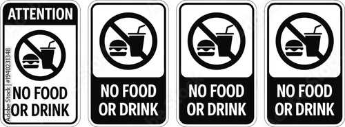 Collection of industrial safety notices stating no food or drink allowed featuring forbidden symbols with fast food icons for restricted.