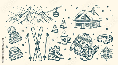 Winter sports and vacation illustration with ski equipment, snowflakes, mountains, house, trees, and warm clothing accessories in a festive snowy scene with a cozy atmosphere.