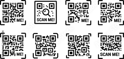 QR code icons with scan me text and frame elements for digital marketing and identification.