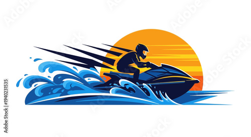 Jet Ski Sunset Illustration – Water Sport Rider Vector Graphic Design