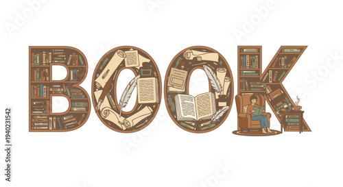 An artistic representation of the word 'book' composed of miniature books and pages, symbolizing literature and knowledge in a creative, collage-style format from a straightforward viewpoint.