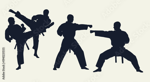Karate Fighters Silhouette Set – Martial Arts Combat Action Vector Illustration