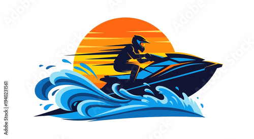 Jet Ski Sunset Illustration – Water Sport Rider Vector Graphic Design