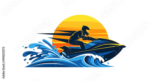 Jet Ski Sunset Illustration – Water Sport Rider Vector Graphic Design