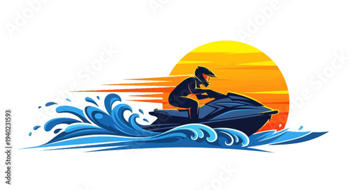 Jet Ski Sunset Illustration – Water Sport Rider Vector Graphic Design