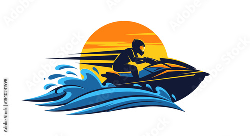 Jet Ski Sunset Illustration – Water Sport Rider Vector Graphic Design