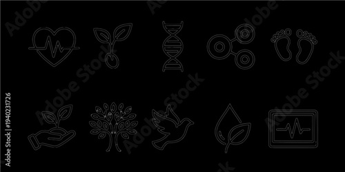 Minimalist white line life science and biology icon set for dark mode, with DNA helix, heartbeat, and plant growth symbols