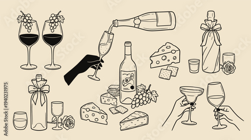 A collection of wine and cheese illustrations including bottles, glasses, and plates with various types of cheese and grapes on a beige background with black outlines.
