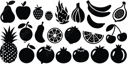 Black fruit silhouette set with apple pear strawberry banana pineapple orange and watermelon isolated on a white background vector illustration.