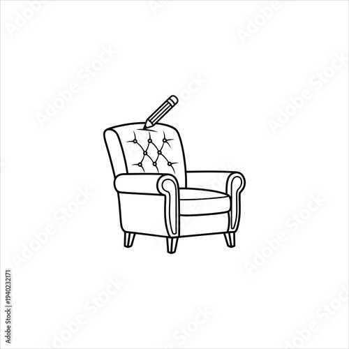 Vintage armchair with pencil on tufted backrest, simple line drawing