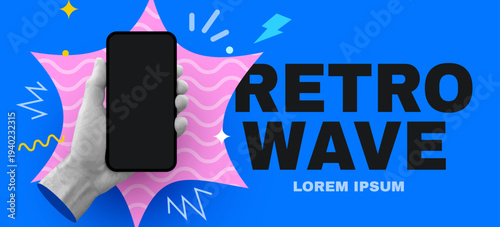 Dynamic Retro Wave banner with a stylized hand holding a modern smartphone.