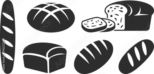 Bread silhouette icons, baguette, round loaf, sliced bread, oval loaf, bakery design, food illustration, culinary graphic, kitchen icon
