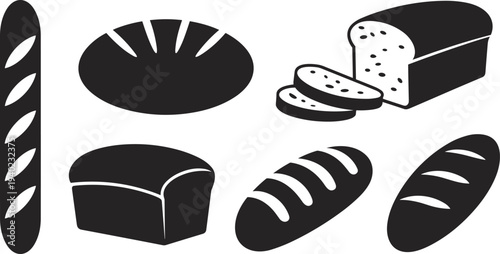 Bread silhouette icons, baguette, round loaf, sliced bread, rectangular loaf, bakery food design, culinary illustration, kitchen graphic