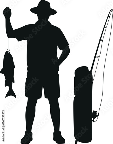 Black silhouette of a fisherman holding his catch next to a fishing rod and tackle bag for outdoor sport hobby.