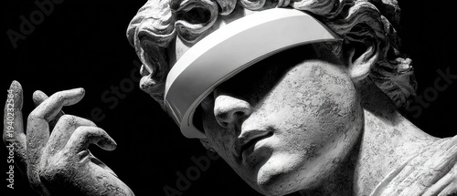Classical Sculpture with Futuristic VR Headset Fusion in Black and White