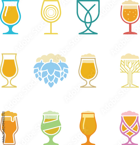 Set of beer glasses and hop cone icons, craft beer brewery collection, vector illustration of various drinkware shapes and styles