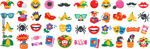 April Fools’ Day Icons with Masks, Hats, Props, and Party Elements