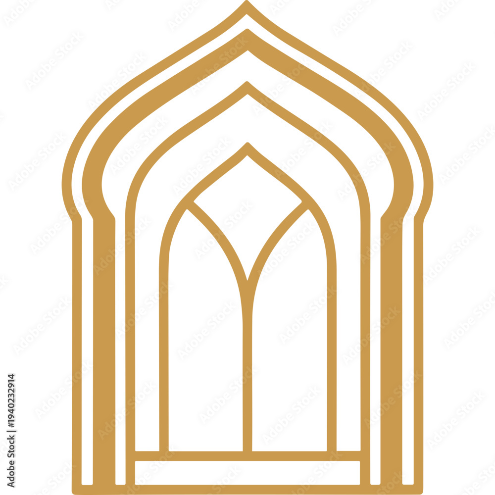 Fototapeta premium Intricate Mosque Architecture Silhouette: A meticulously crafted, gold-toned silhouette of a mosque window frames. showcasing the delicate patterns.