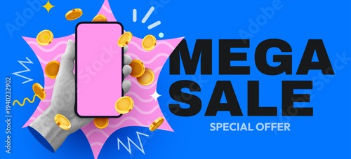 Mega Sale Special Offer banner with a hand holding a smartphone and falling golden coins.