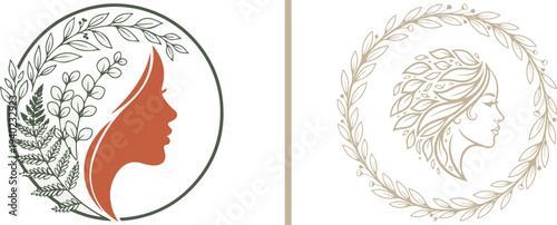 Collection of feminine logos featuring woman profiles and organic botanical wreaths. Elegant circular vector emblems in gold, black, and terracotta for luxury spa, wellness, and beauty branding.
