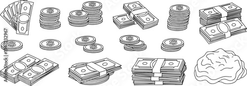 Money silhouette icons, dollar bills, coin stacks, currency bundles, cash pile, financial design, savings illustration, economy graphic