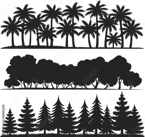 Tree line silhouette icons, palm trees, deciduous forest, coniferous woodland, nature landscape, ecology illustration, outdoor scenery design