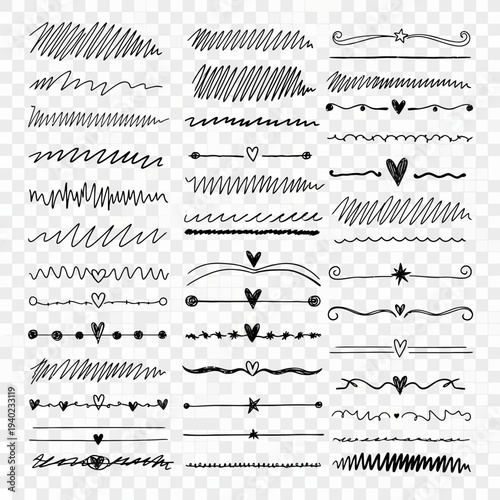Hand-drawn underline dividers and decorative elements for design a collection of doodle lines, squiggles, hearts, and stars