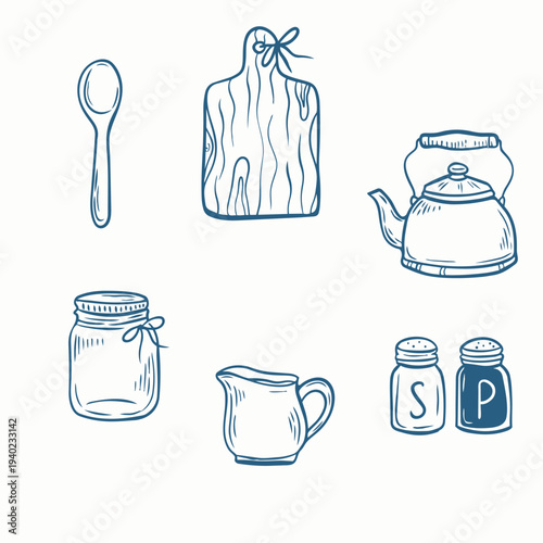 Farmhouse Kitchen Utensils Line Art Set, Rustic Cooking Tools Vector Illustration, Wooden Cutting Board, Teapot, Jar, Spoon, Salt and Pepper Shakers