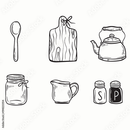 Rustic Farmhouse Kitchen Utensils Outline Collection, Hand Drawn Cooking Tools Set with Teapot, Cutting Board, Jar, Spoon, Milk Pitcher and Salt Pepper Shakers