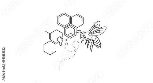 Abstract Design of a Bee with Honeycomb and Dotted Trails on Isolated White Background