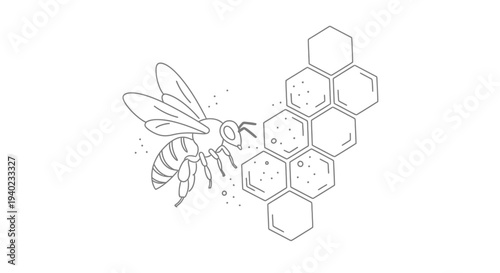 Busy Bee Flying Around Honeycomb Structures on Isolated White Background