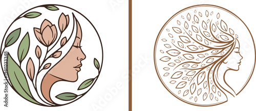 Elegant circular vector logos featuring a woman's profile intertwined with organic floral and leaf motifs. Minimalist linear art representing natural beauty, wellness, and feminine aesthetics.