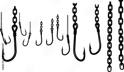 Black silhouette collection of various sharp metal fish hooks and industrial hanging chains isolated on a plain white background for design.