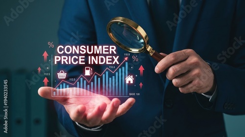 consumer price index, inflation, economy, finance, market analysis, data visualization, businessman holding magnifying glass to analyze rising cost of living and global market trends.