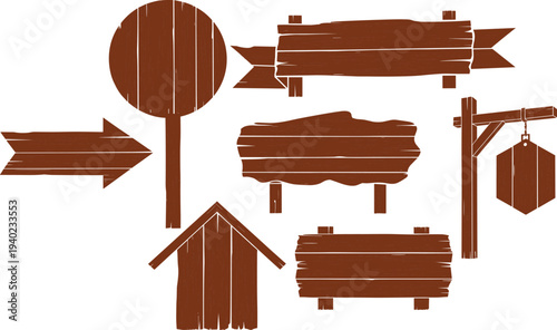 Comprehensive collection of various rustic brown wooden signs banners and directional pointers with natural wood grain texture isolated on white.