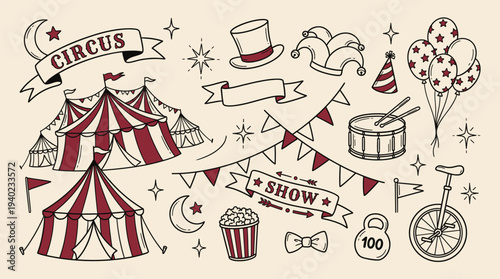 Vintage circus illustration with red and white striped tent, banners, balloons, and festive icons on a beige background, evoking a sense of nostalgia and excitement for the big top show