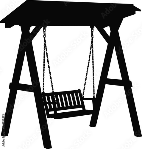 Black silhouette of a classic wooden garden swing with a roof canopy and bench seat isolated on a white background.