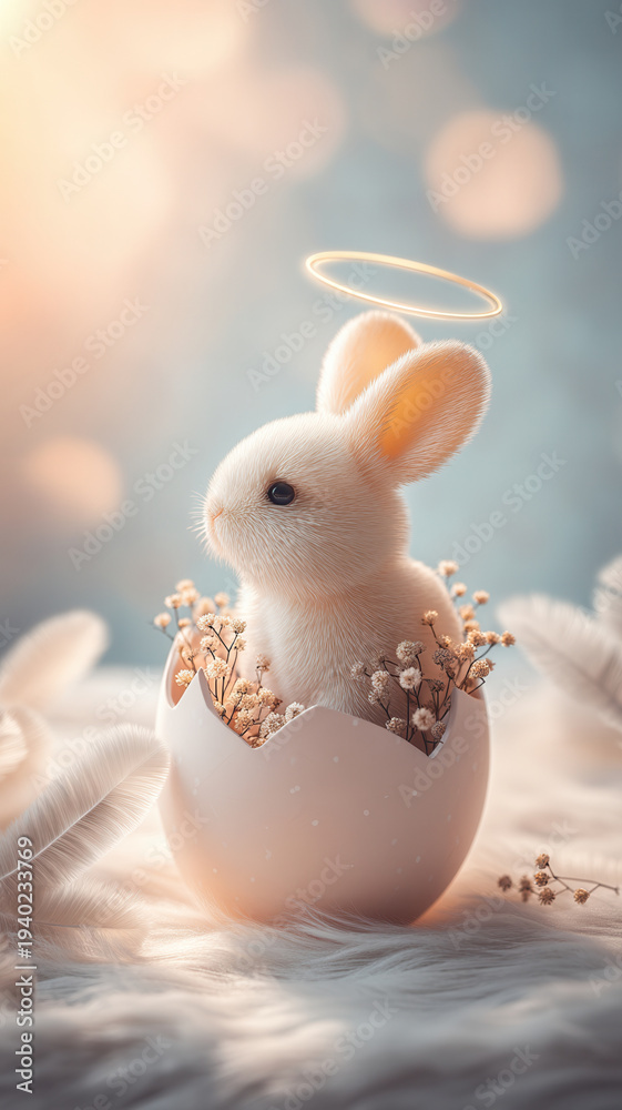 Obraz premium Easter festival bunny rabbit eggshell flower halo feather in soft pastel light white baby animal sits in cracked egg with spring blossom and bokeh glow for gentle holiday greeting