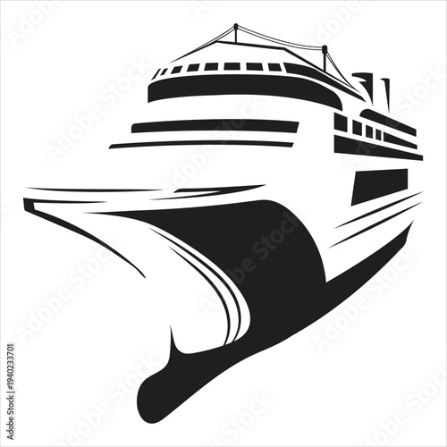 Abstract cruise ship liner bow view black and white vector line art