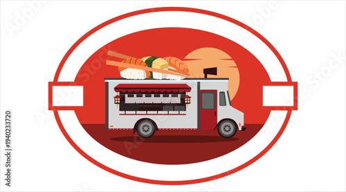 Japanese sushi food truck illustration with giant nigiri on rooftop