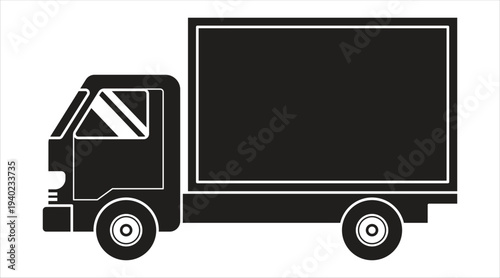 Black and white delivery truck silhouette, simple freight transport icon