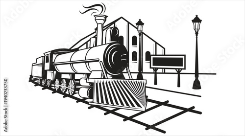 Vintage steam train illustration on tracks, old railway station background