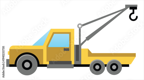 Yellow tow truck with crane, flat design roadside assistance vehicle