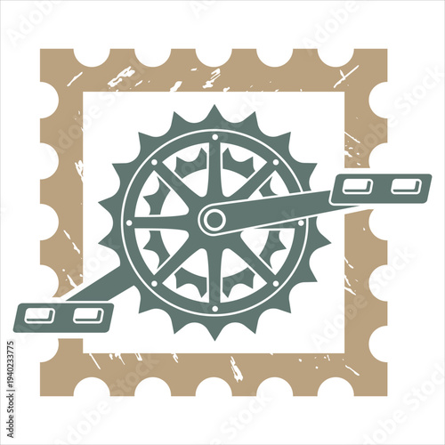 Bicycle pedal and gear icon within stamp frame