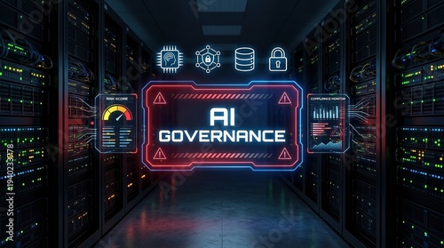 AI Governance, Risk Management, Compliance Monitor, Data Center, Artificial Intelligence, Cybersecurity, Digital Interface with ethical oversight and risk monitoring dashboard.