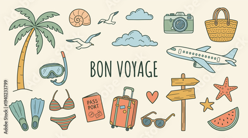 A colorful illustration of travel icons and objects with the phrase Bon Voyage, evoking a sense of adventure and exploration in a whimsical and playful style.